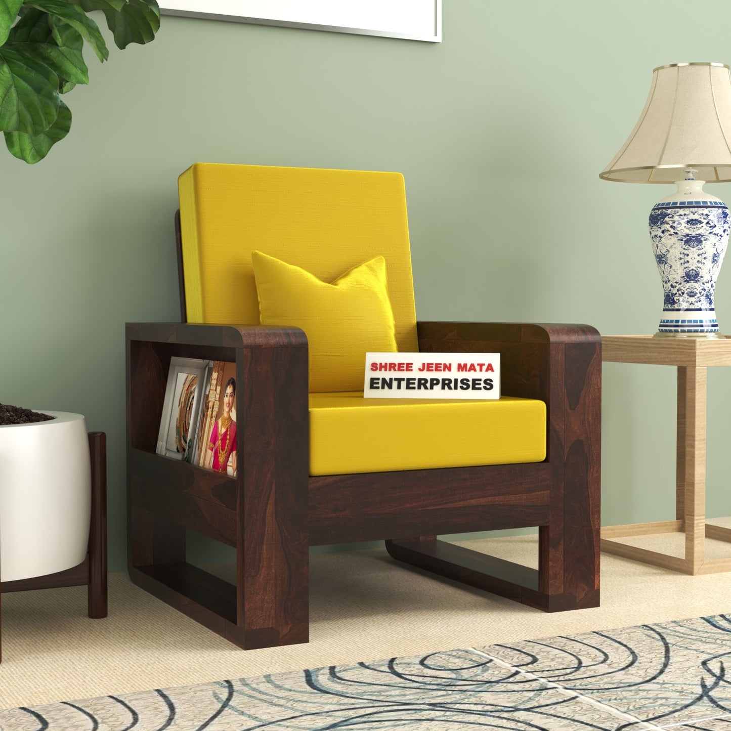 Solid Wood Single Seater Sofa | Natural & Walnut Finish Wooden Chair with Cushioned Comfort