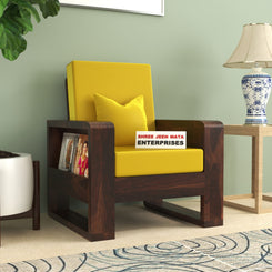 Solid Wood Single Seater Sofa | Natural & Walnut Finish Wooden Chair with Cushioned Comfort