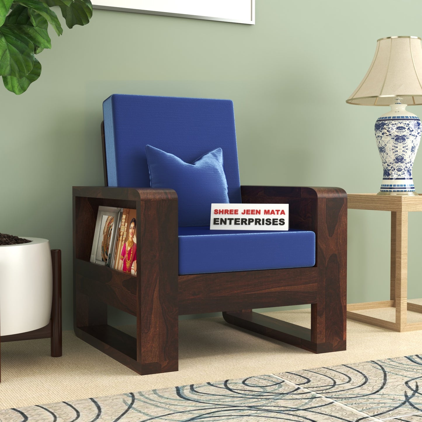 Solid Wood Single Seater Sofa | Natural & Walnut Finish Wooden Chair with Cushioned Comfort
