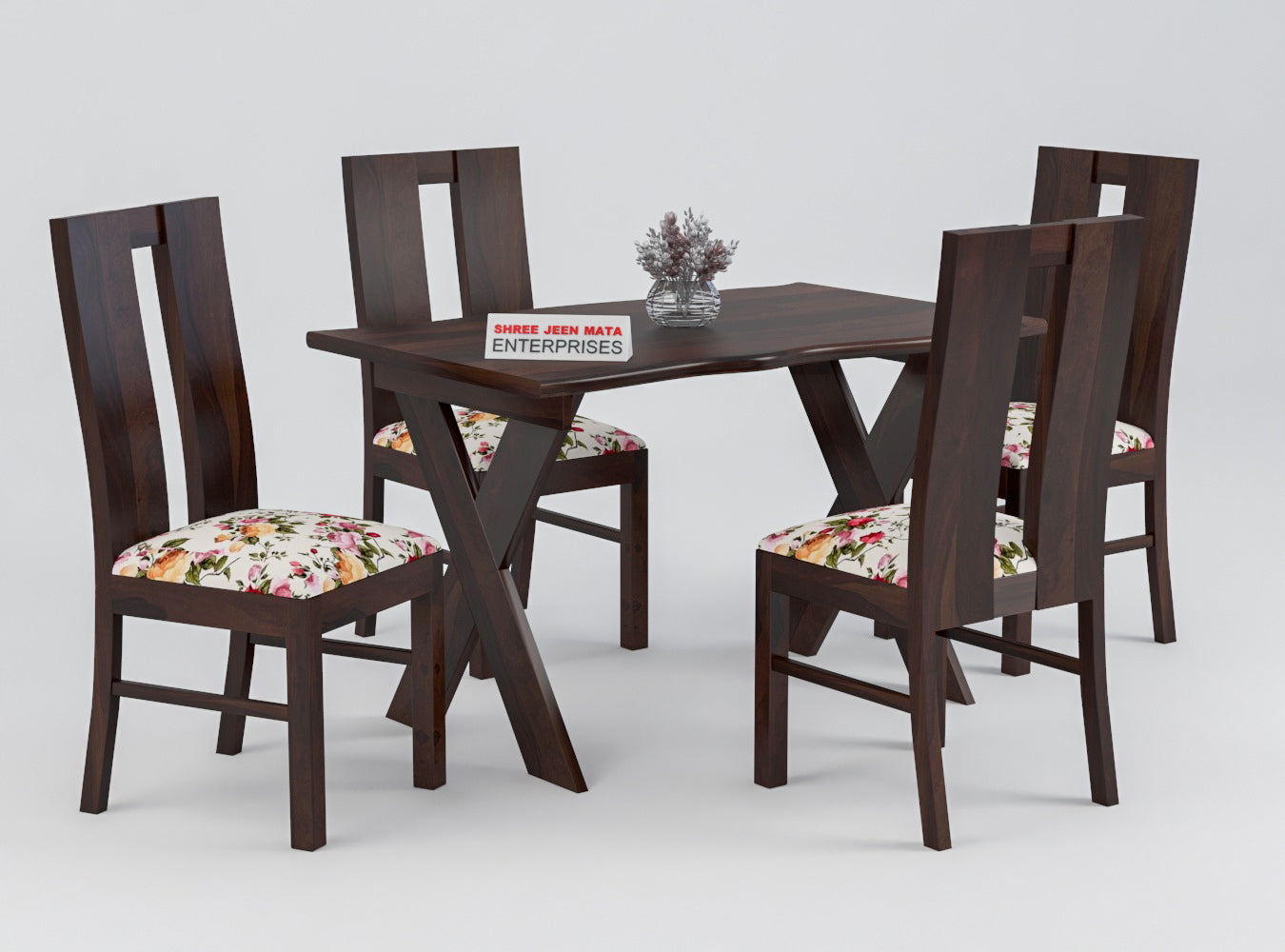 Solid Wood 4 Seater Dining Table Set | 4 Cushioned Chairs