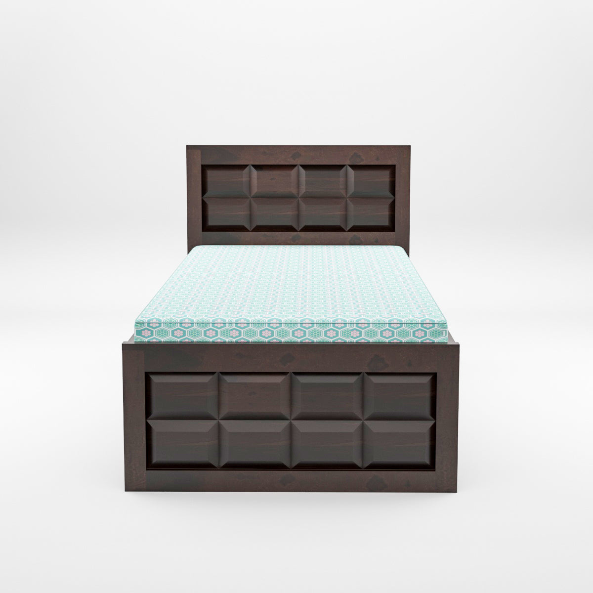Solid Wood Single Bed with Box Storage & Geometric Panel Design