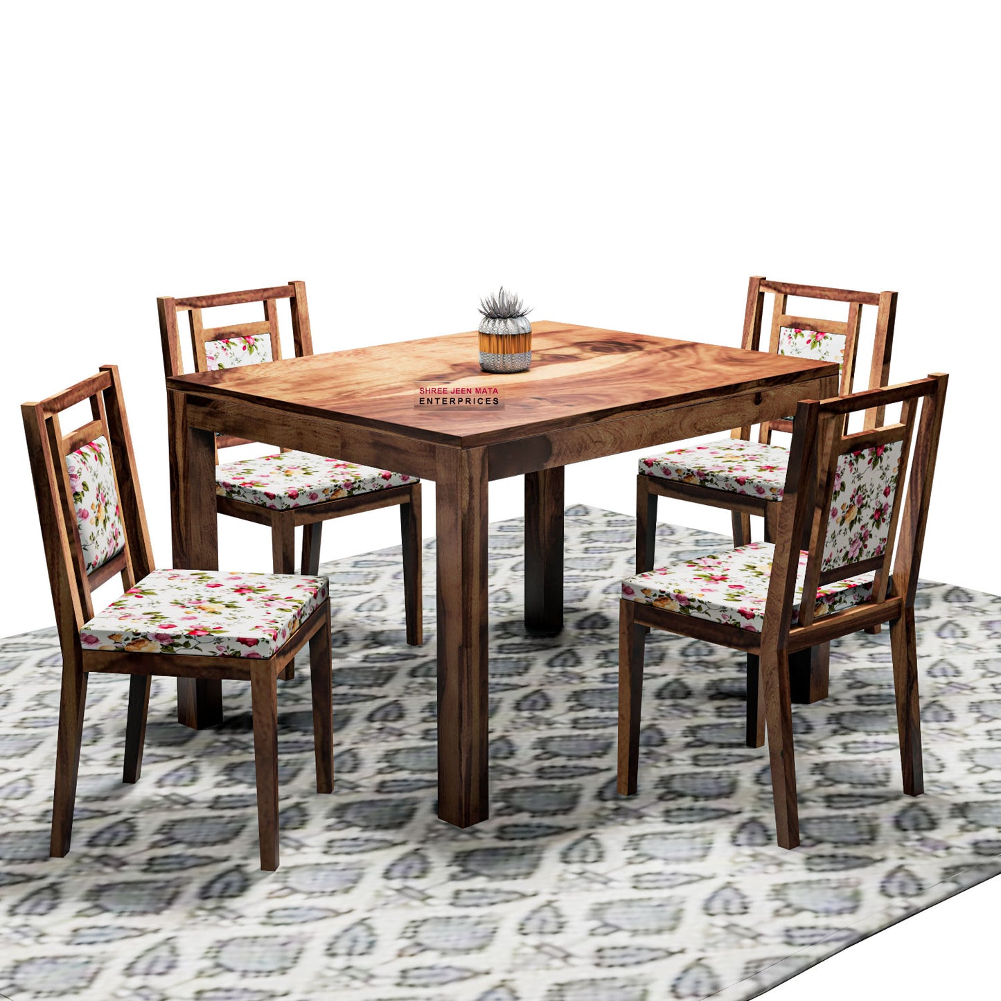 Solid Wood 4 Seater Dining Table Set with 4 Cushioned Chairs