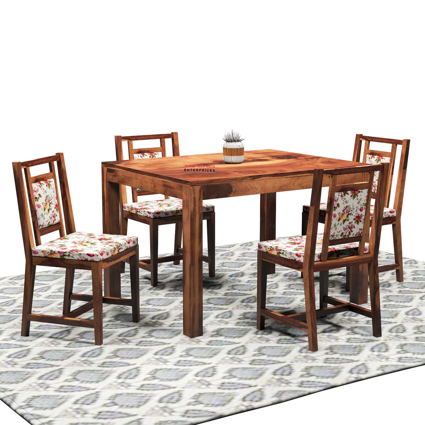 Solid Wood 4 Seater Dining Table Set with 4 Cushioned Chairs