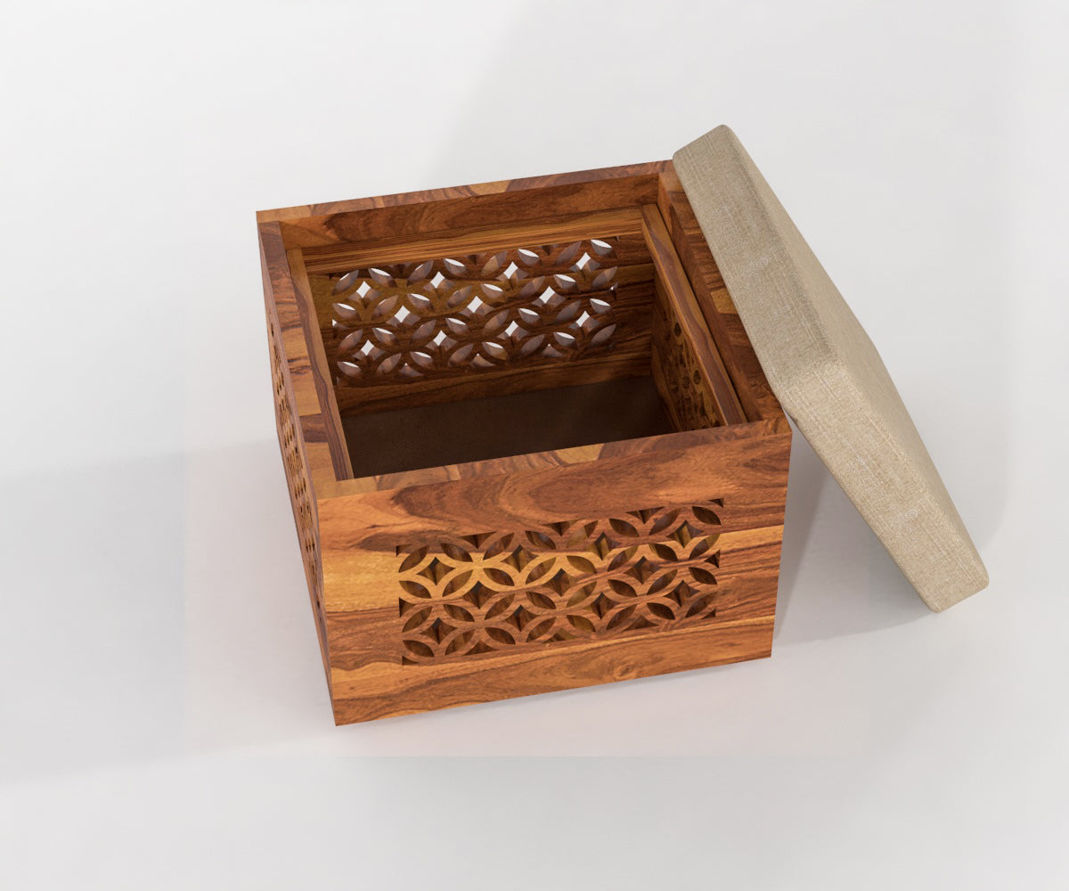 Handcrafted Solid Wood Coffee Table with Carved Ottoman Stools