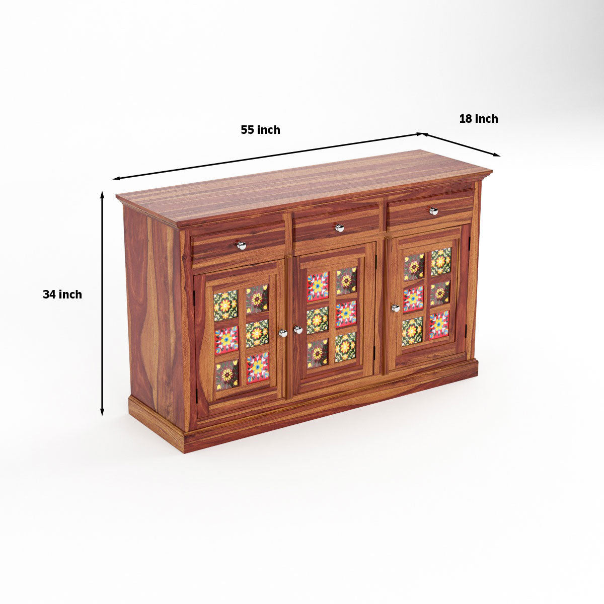 Solid Teak Wood Storage Cabinet with Handcrafted Tile Doors