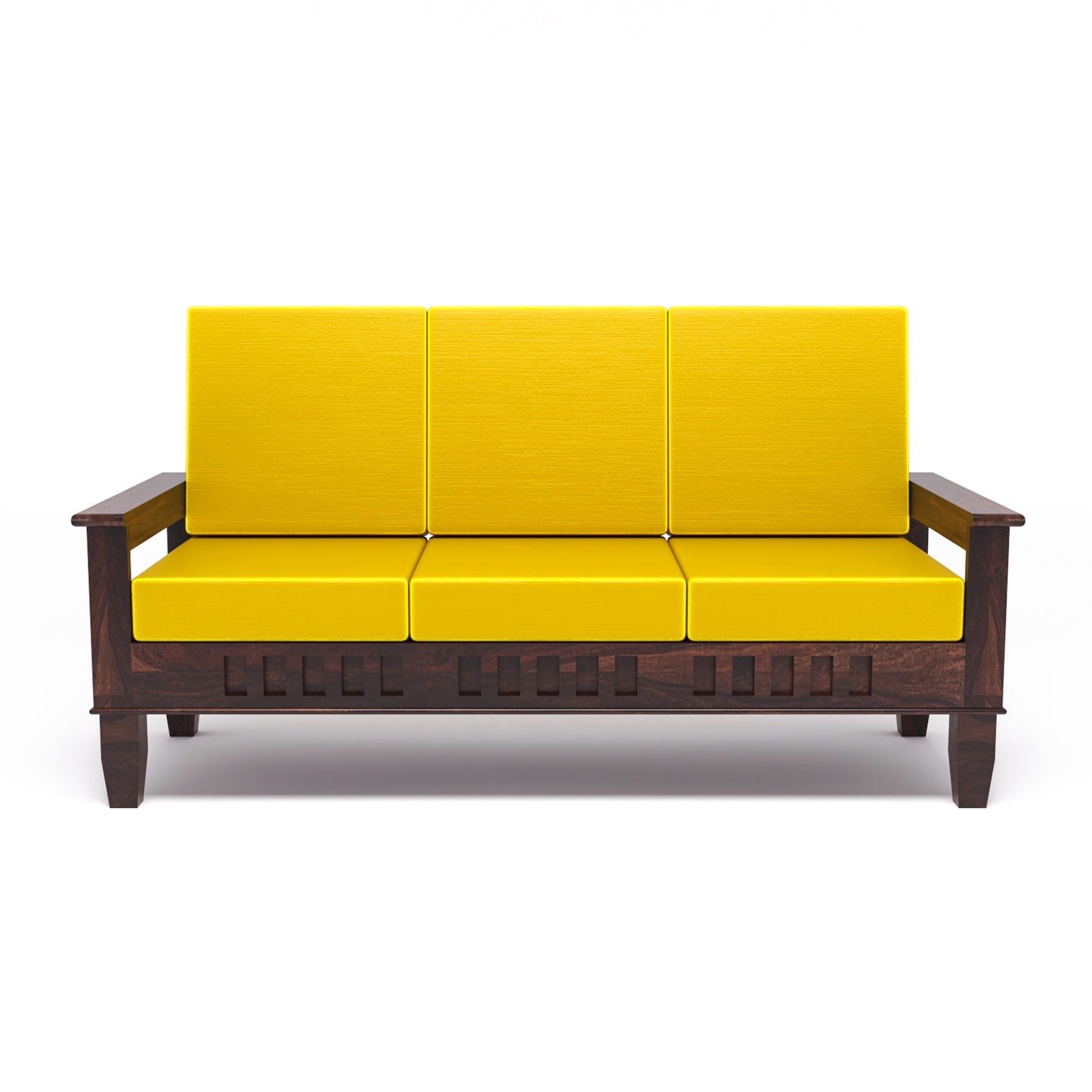 Solid Wood Three Seater Sofa with Cushioned Seating | Natural & Walnut Finish Wooden Sofa