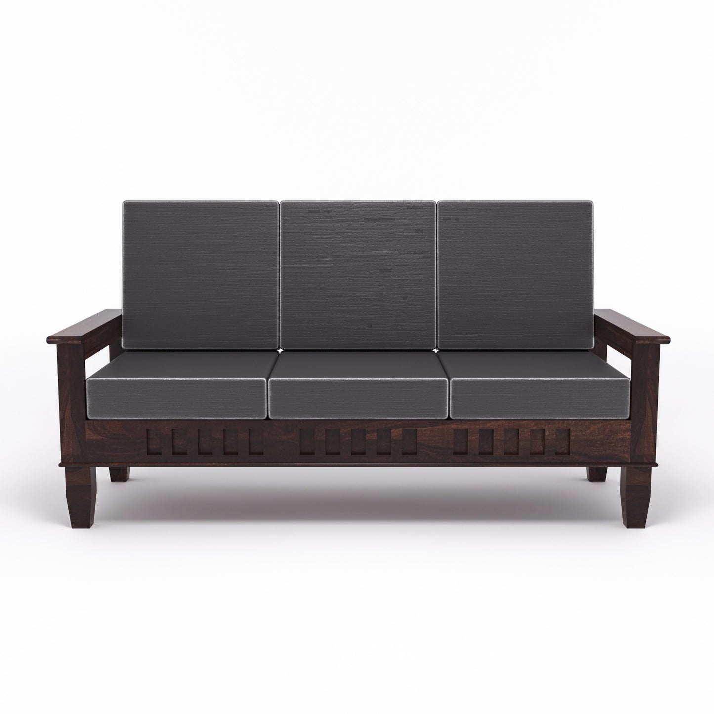 Solid Wood Three Seater Sofa with Cushioned Seating | Natural & Walnut Finish Wooden Sofa