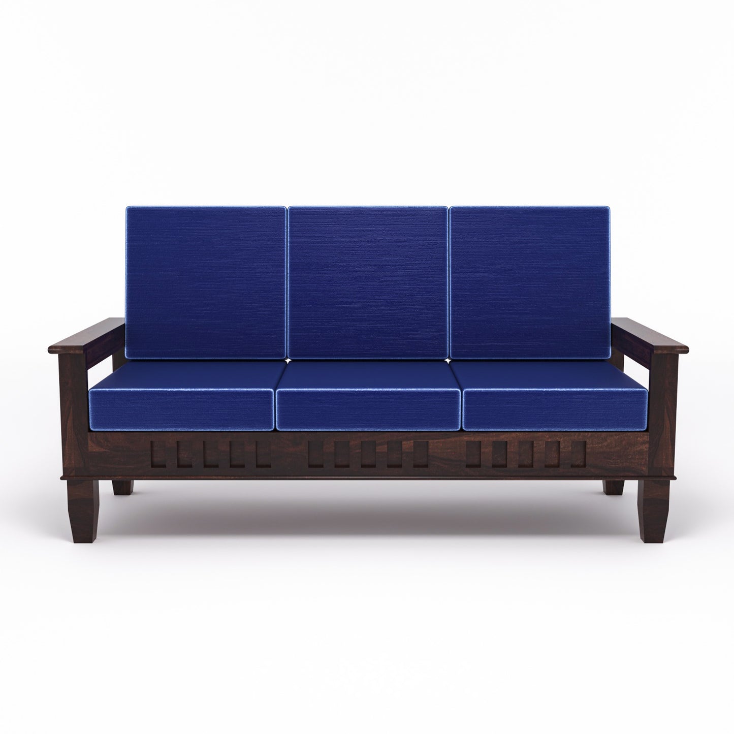 Solid Wood Three Seater Sofa with Cushioned Seating | Natural & Walnut Finish Wooden Sofa