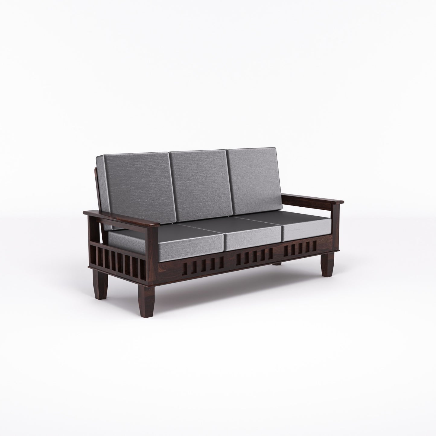 Solid Wood Three Seater Sofa with Cushioned Seating | Natural & Walnut Finish Wooden Sofa