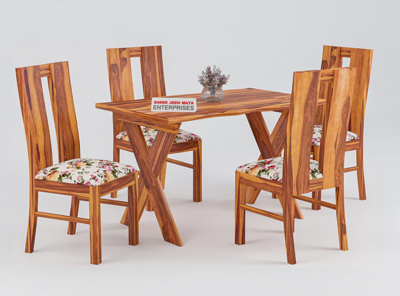 Solid Wood 4 Seater Dining Table Set | 4 Cushioned Chairs