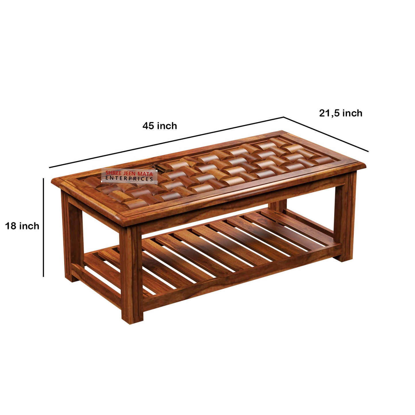Premium Solid Wood Coffee Table with Artistic Textured Top & Storage Shelf