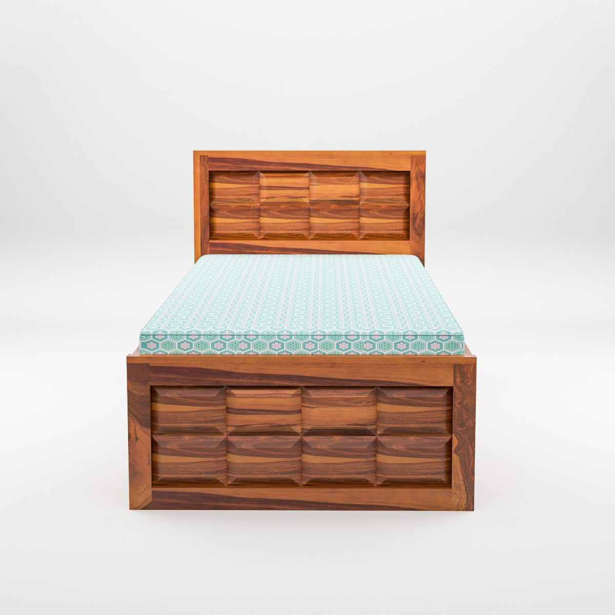 Solid Wood Single Bed with Box Storage & Geometric Panel Design