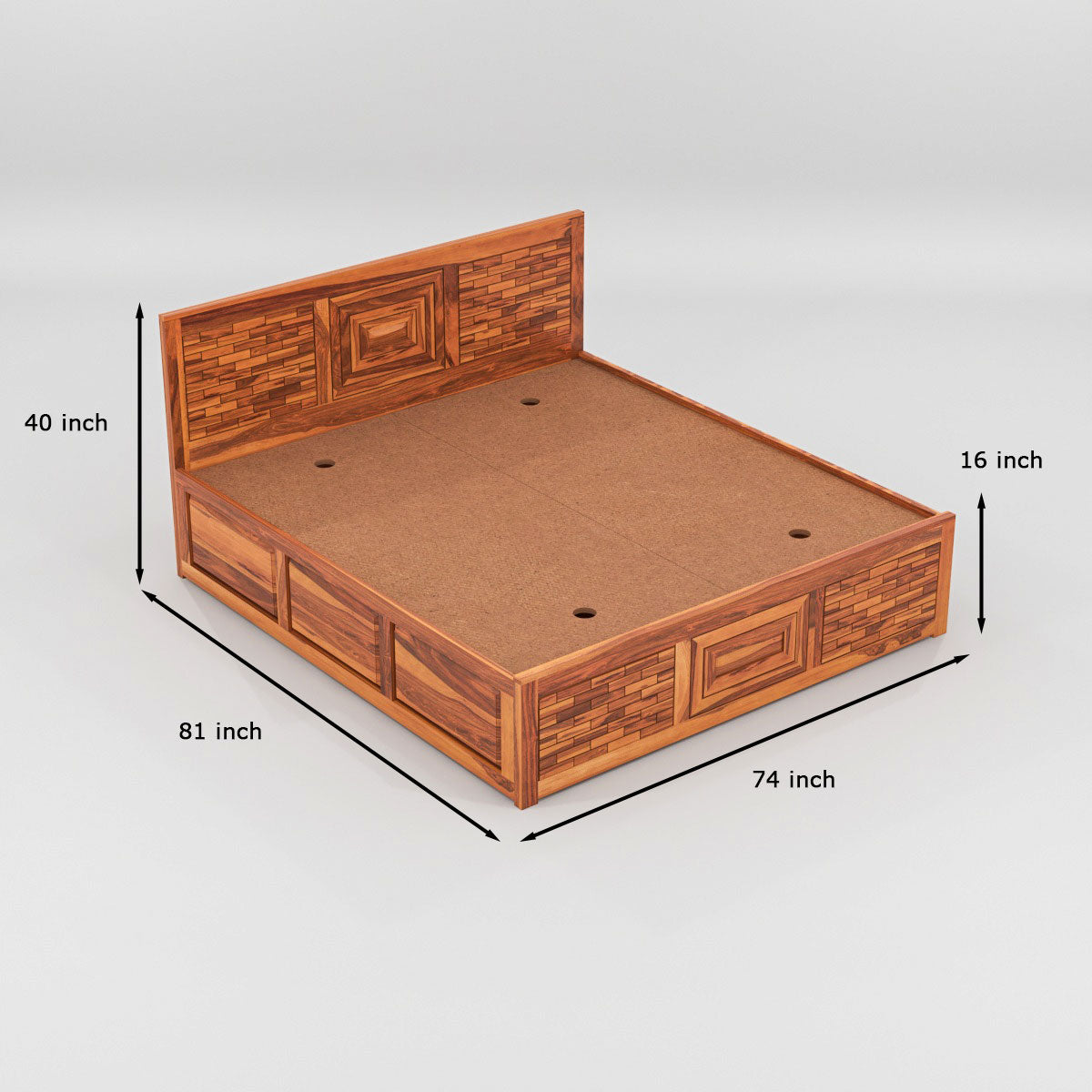 Solid Wood Storage Bed with Designer Panel Headboard – King Size Wooden Bed