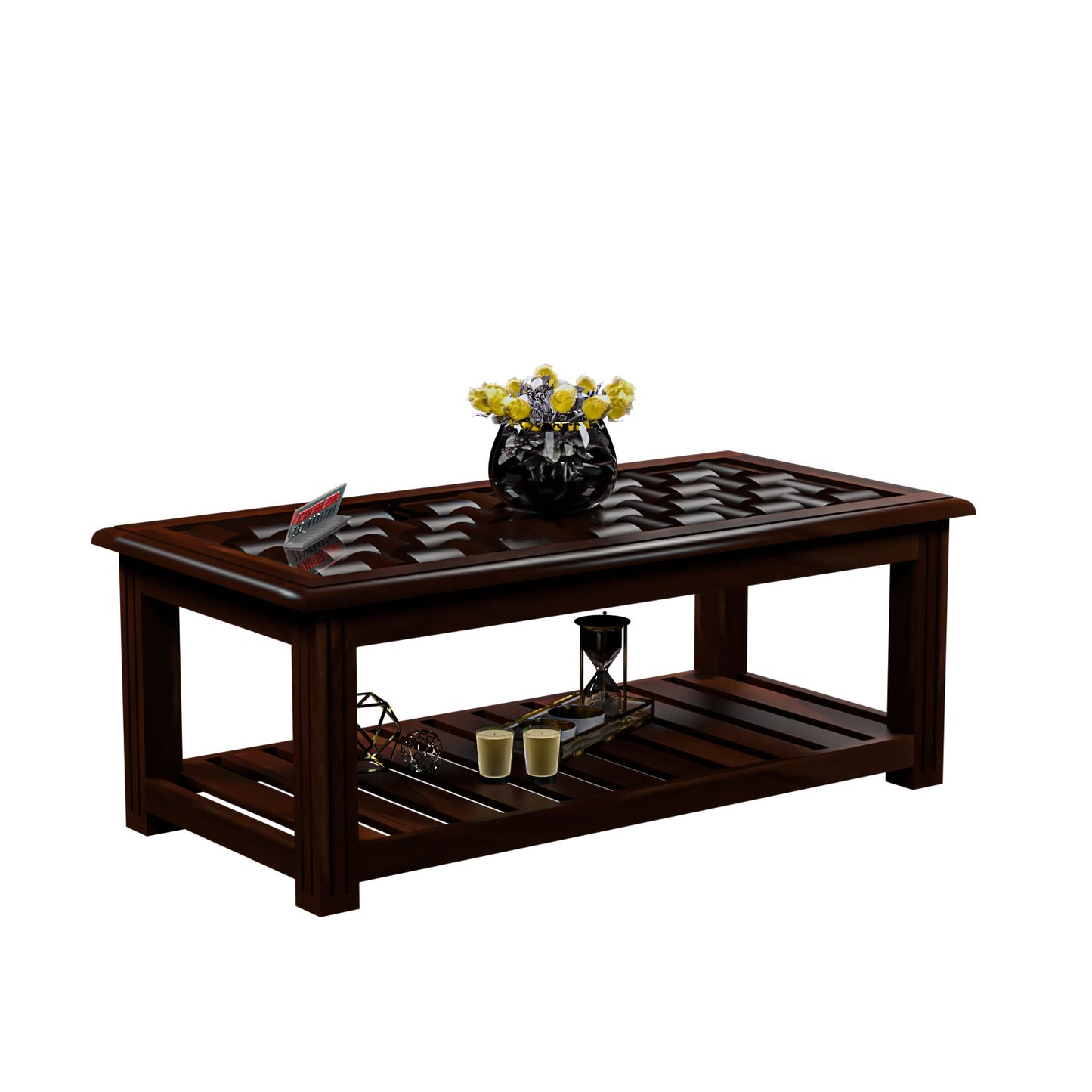 Premium Solid Wood Coffee Table with Artistic Textured Top & Storage Shelf