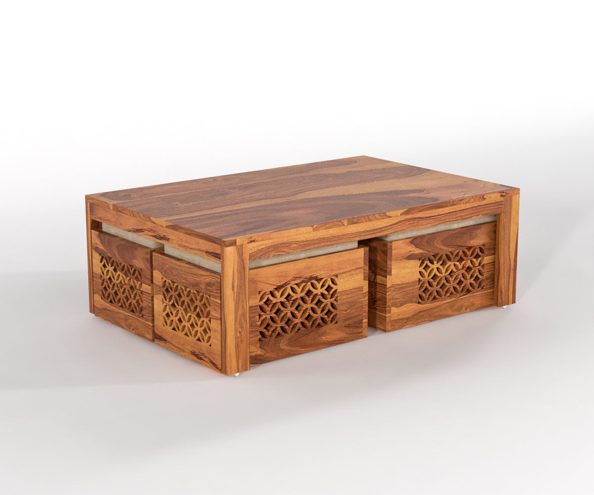 Solid Wood Coffee Table with 4 Stools