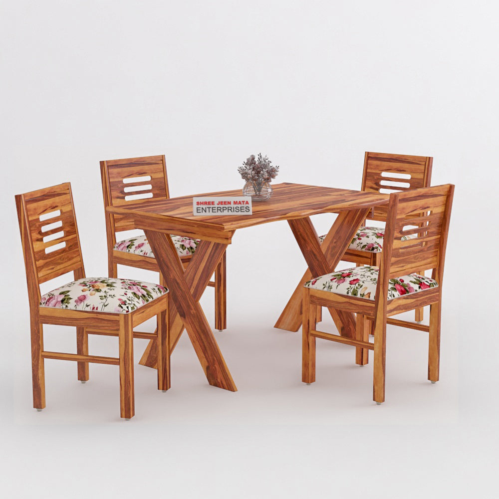 Solid Wood 4 Seater Dining Table Set with Foam Cushioned Chairs