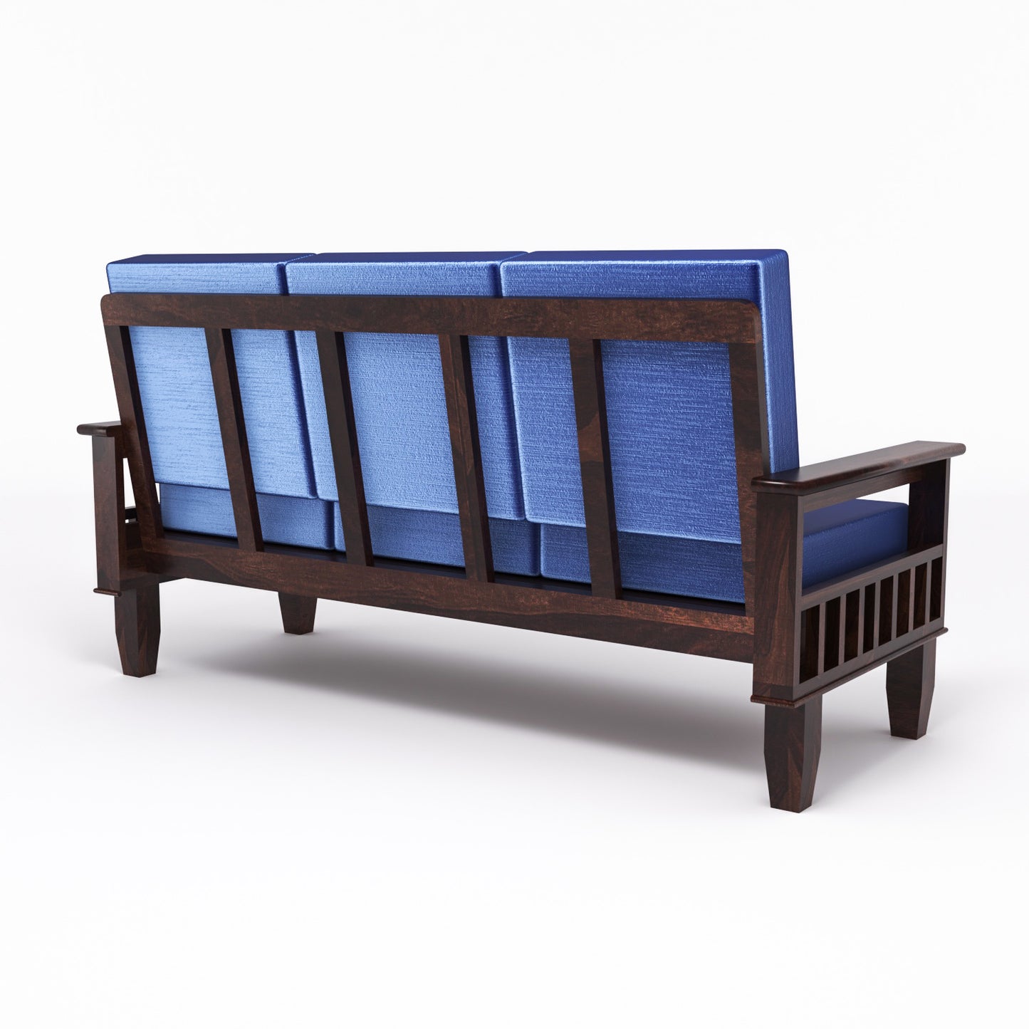 Solid Wood Three Seater Sofa with Cushioned Seating | Natural & Walnut Finish Wooden Sofa
