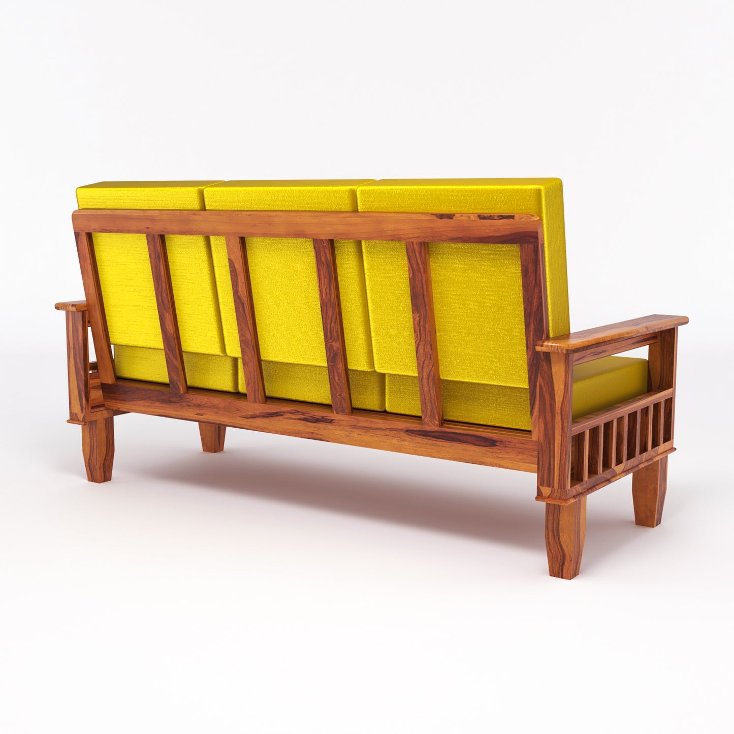 Solid Wood Three Seater Sofa with Cushioned Seating | Natural & Walnut Finish Wooden Sofa