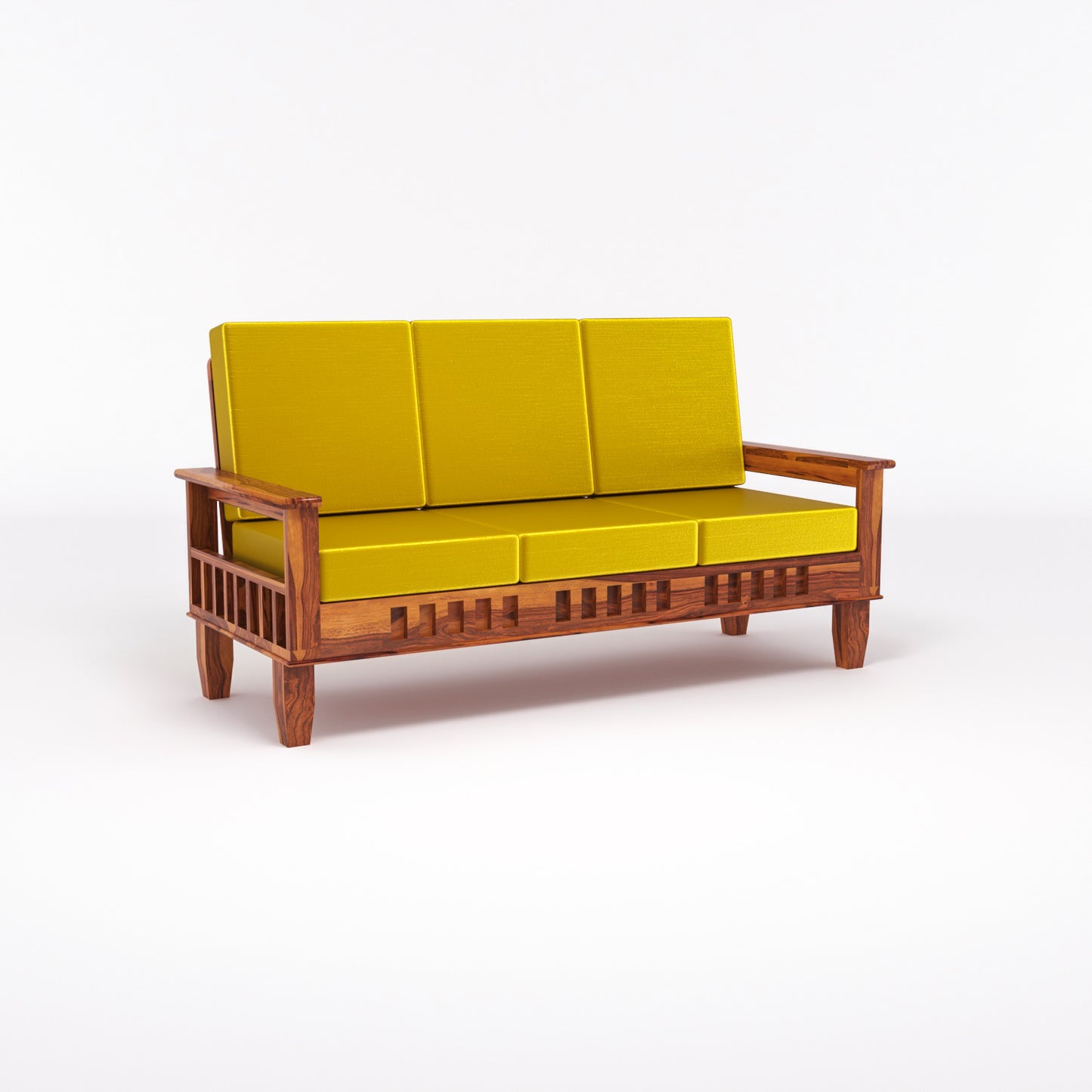 Solid Wood 7 Seater Sofa Set (3+2+2) with Cushioned Seating | Natural & Walnut Finish Wooden Sofa