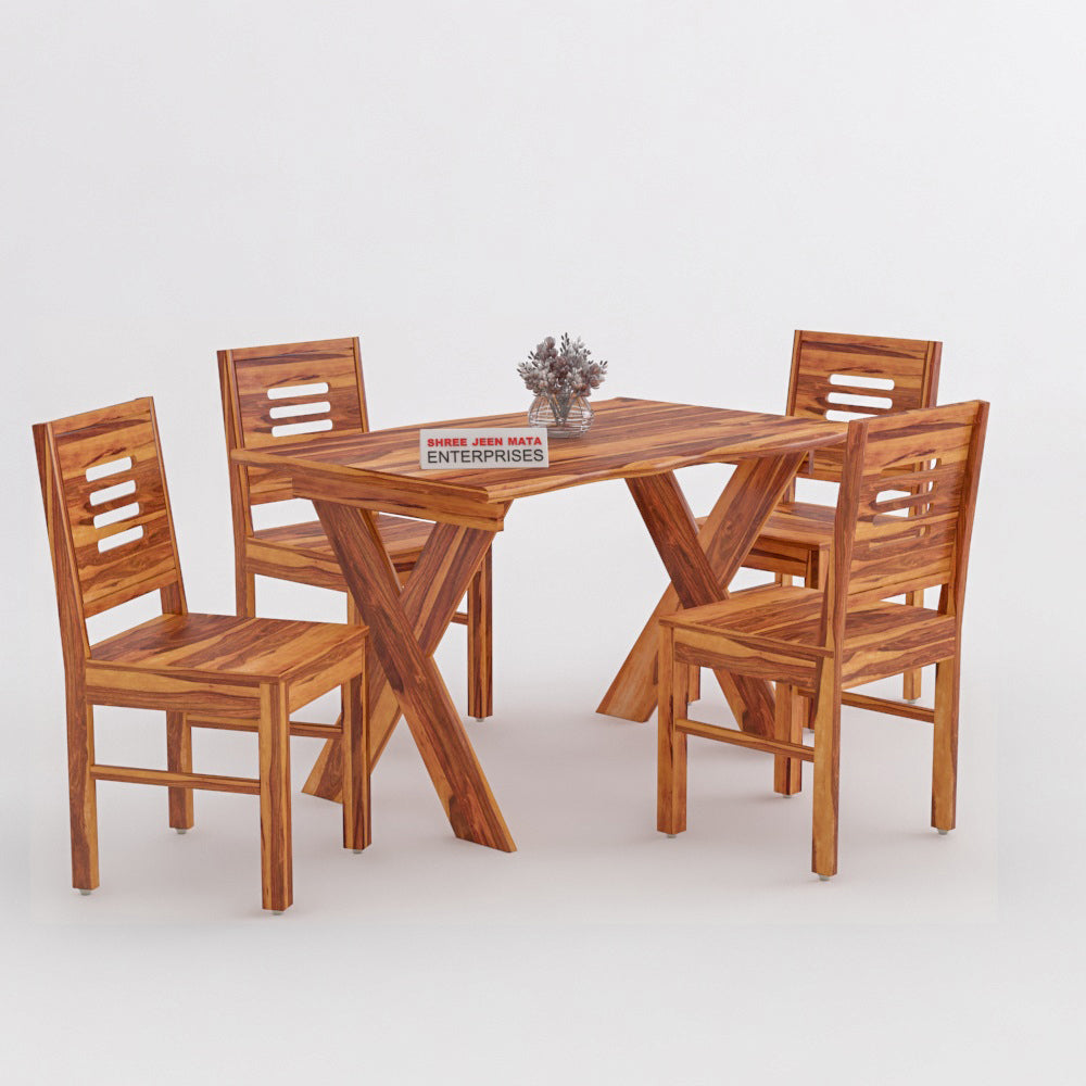 Solid Wood 4 Seater Dining Table Set with Cushioned Chairs