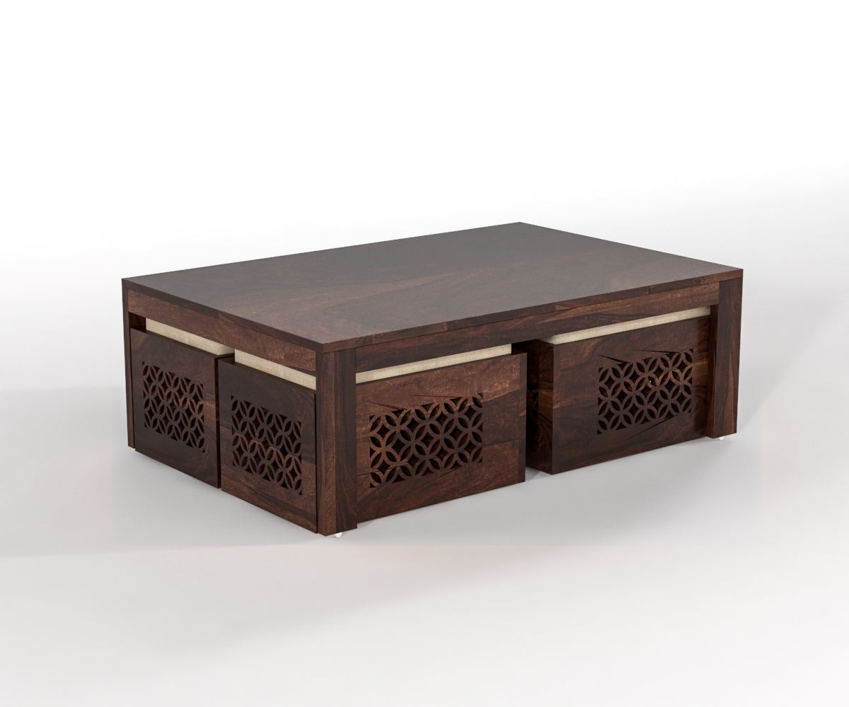 Solid Wood Coffee Table with 4 Stools