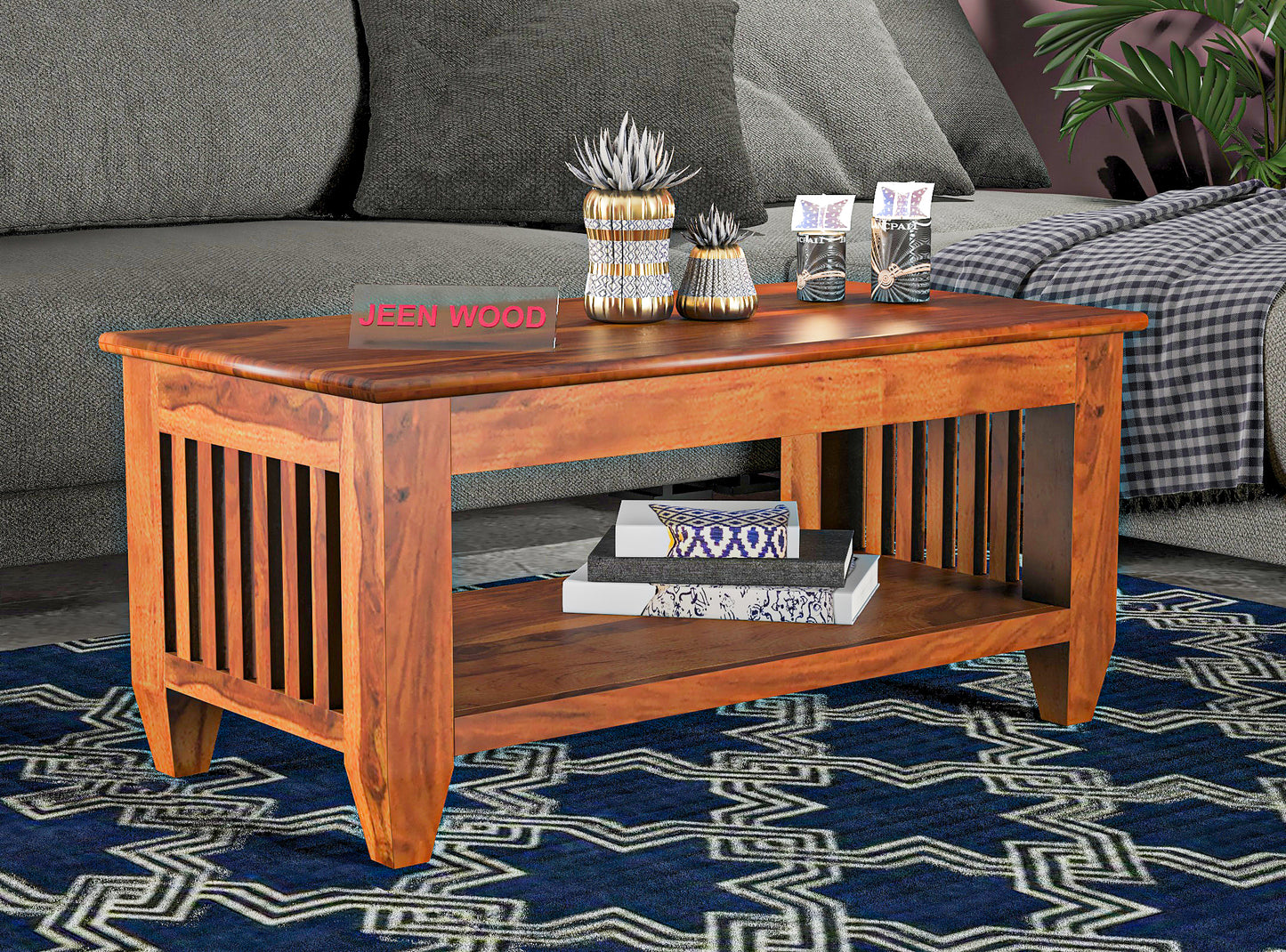 Handcrafted Solid Wood Coffee Table with Slatted Sides & Open Storage Shelf