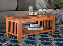 Handcrafted Solid Wood Coffee Table with Slatted Sides & Open Storage Shelf