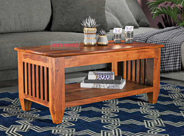 Handcrafted Solid Wood Coffee Table with Slatted Sides & Open Storage Shelf