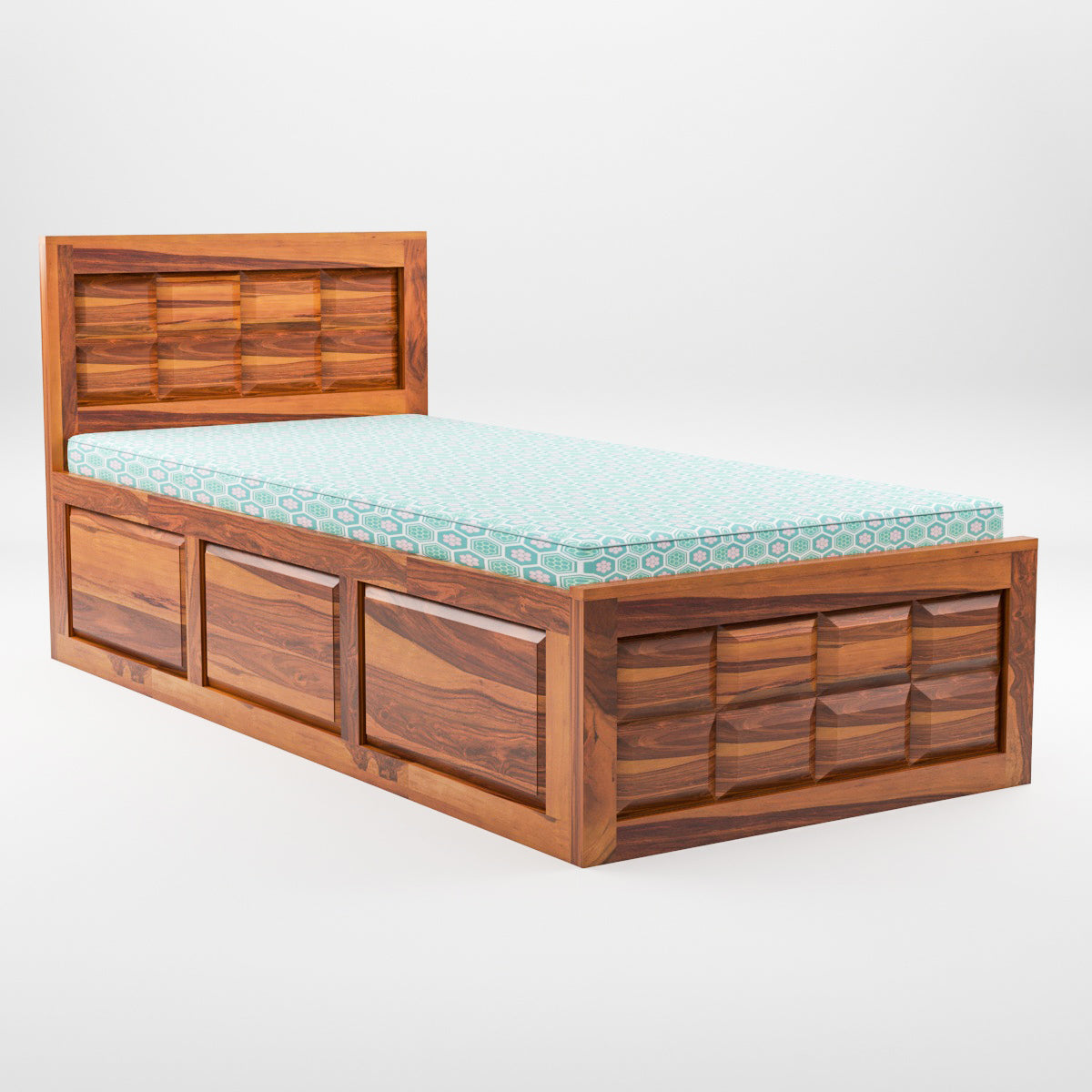 Solid Wood Single Bed with Box Storage & Geometric Panel Design