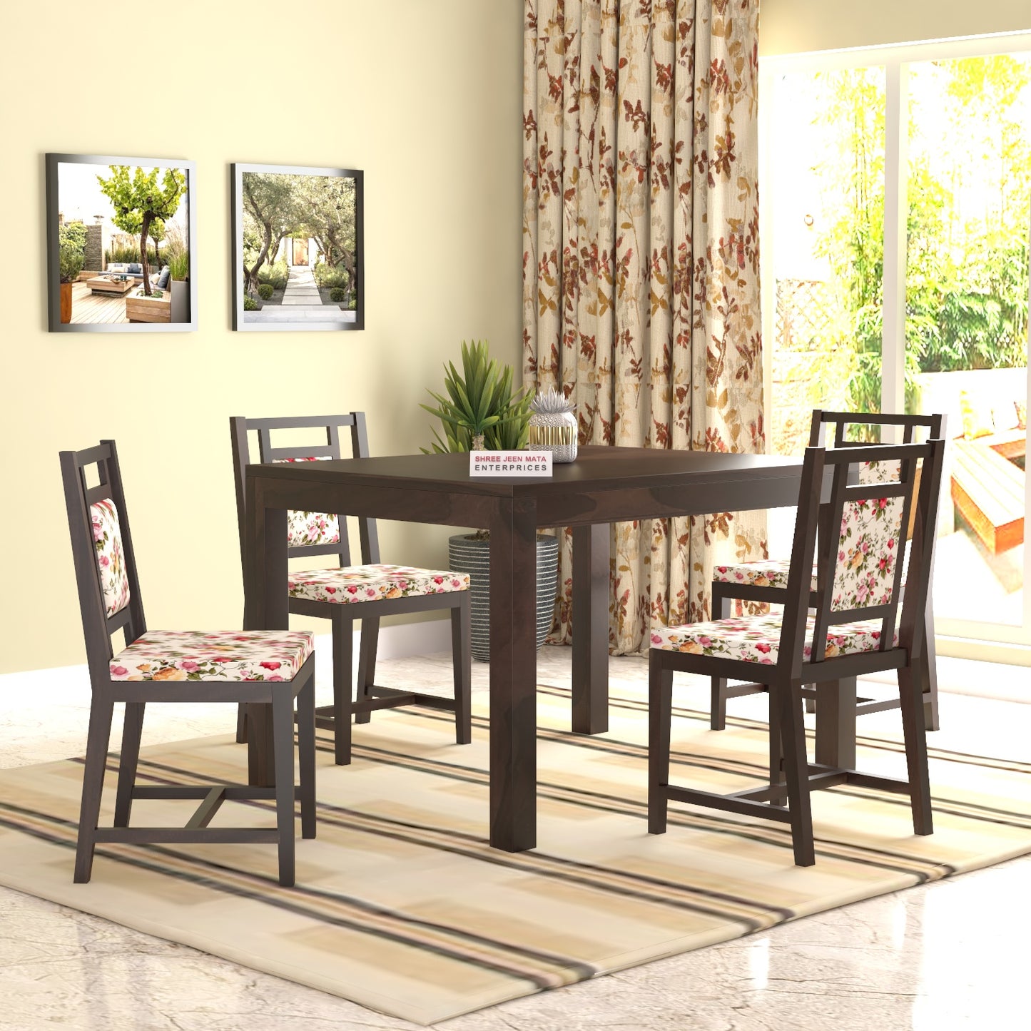 Solid Wood 4 Seater Dining Table Set with 4 Cushioned Chairs