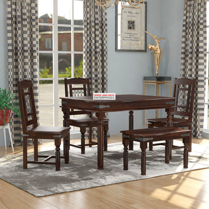 Solid Wood 4 Seater Dining Table Set with Cushioned Chairs