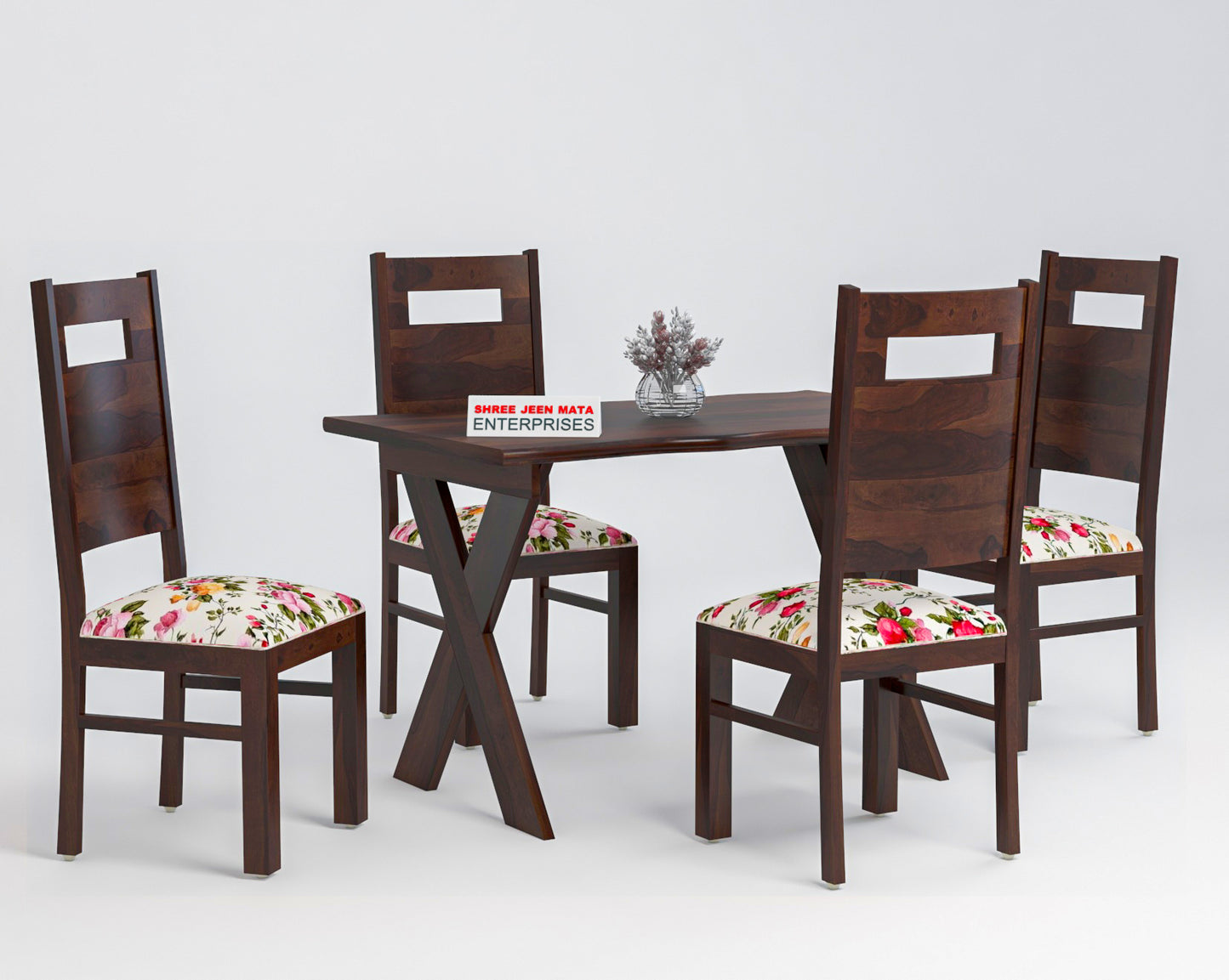 Solid Wood Upholstered Dining Chair with Floral Cushion
