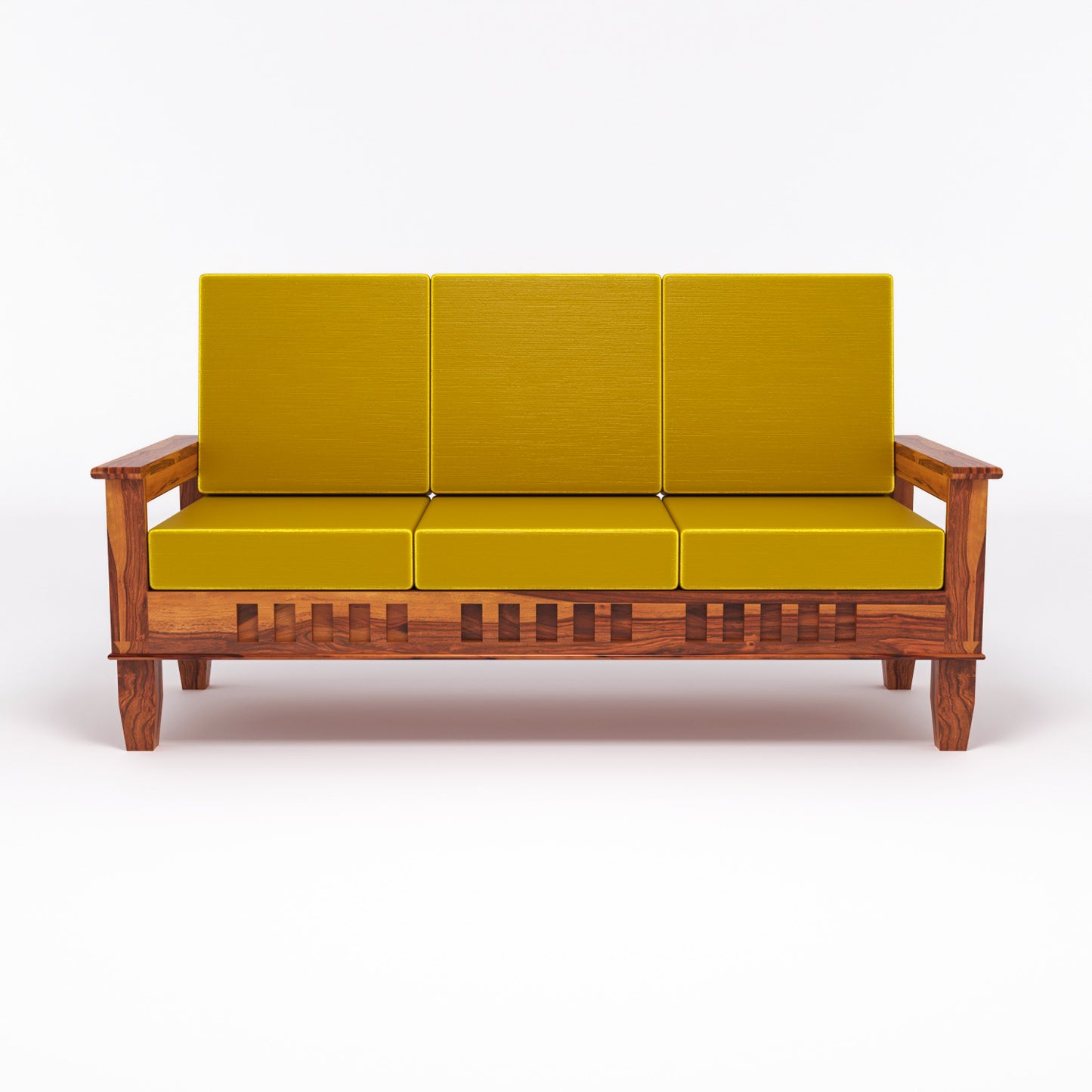 Solid Wood Three Seater Sofa with Cushioned Seating | Natural & Walnut Finish Wooden Sofa