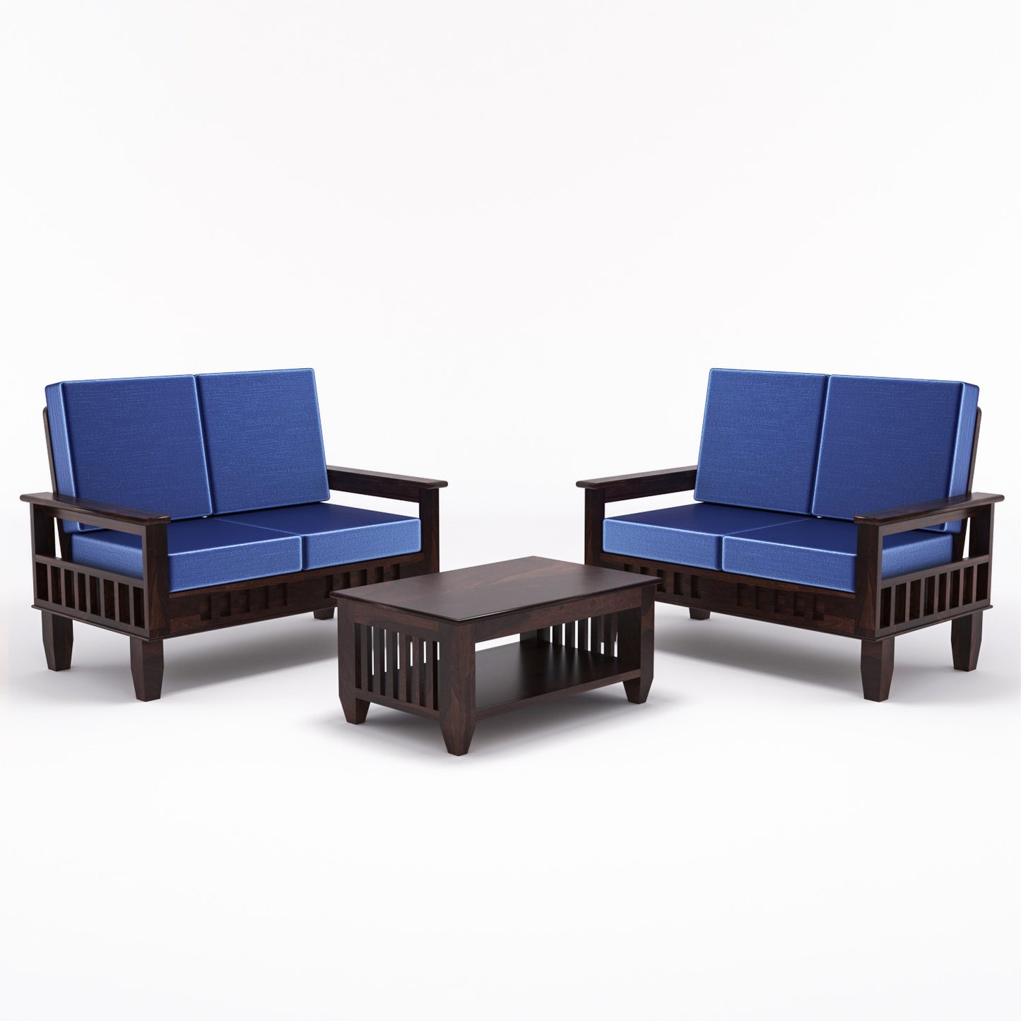 Solid Wood 4 Seater Sofa Set (Set of 2) | Natural & Walnut Finish Wooden Sofa with Cushions