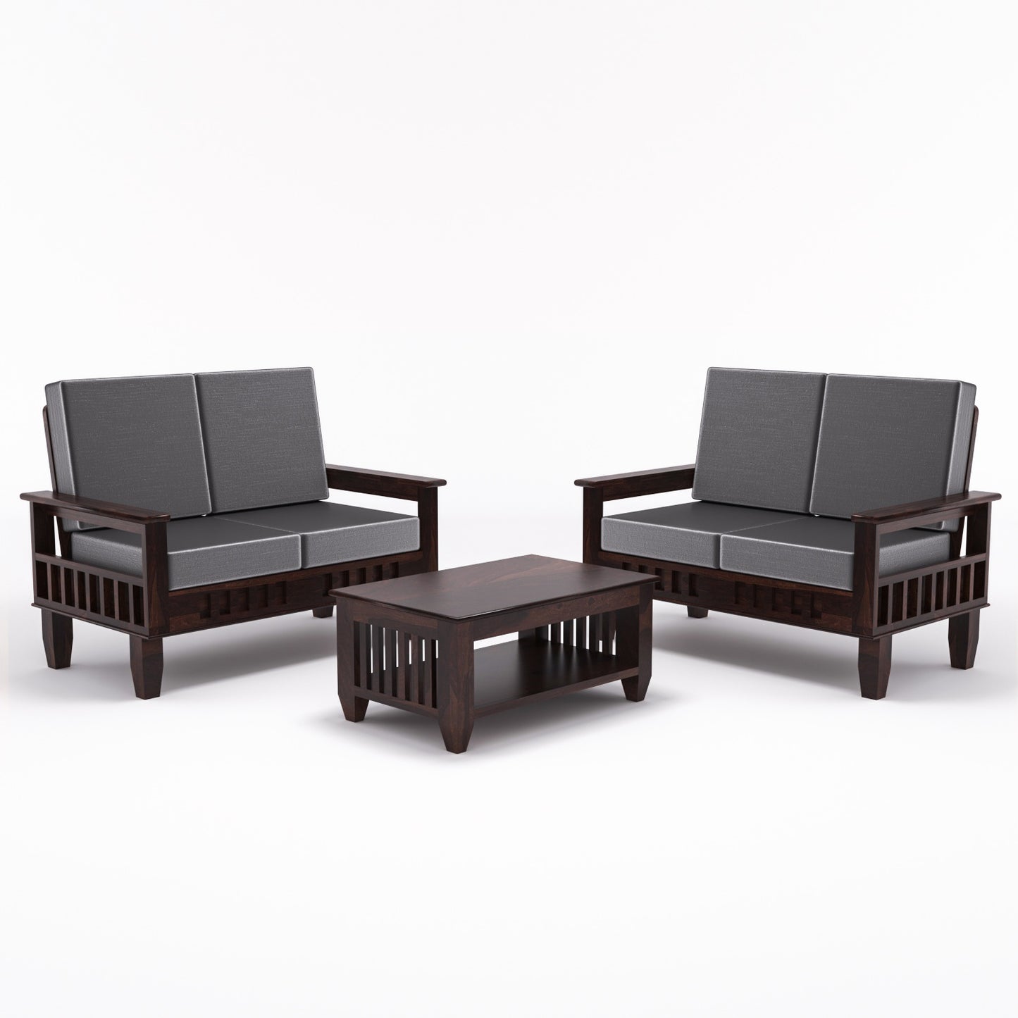 Solid Wood 4 Seater Sofa Set (Set of 2) | Natural & Walnut Finish Wooden Sofa with Cushions