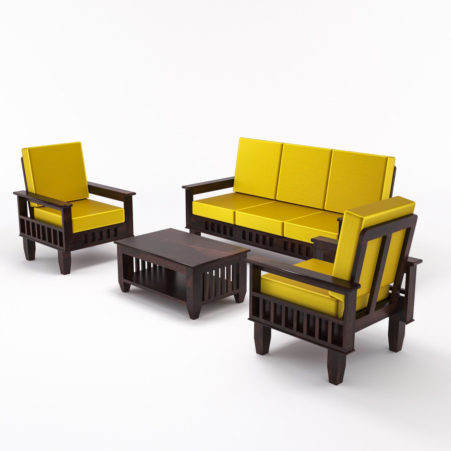 Solid Wood 5 Seater Sofa Set (3 Seater + 2 Single Seaters) | Natural & Walnut Finish with Cushioned Comfort