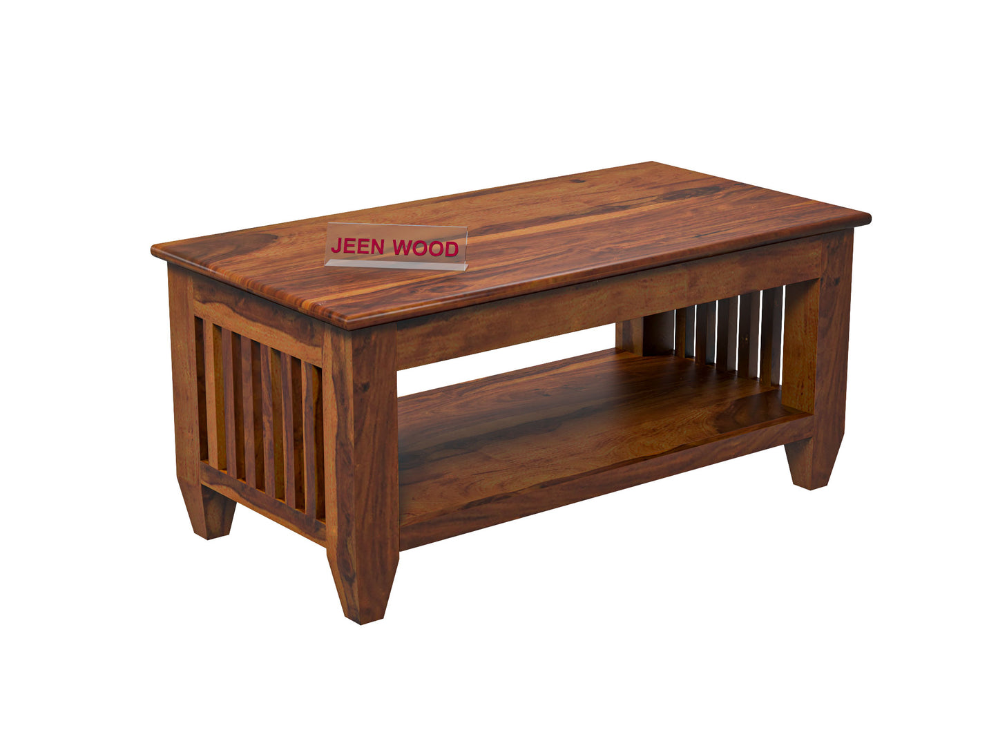 Handcrafted Solid Wood Coffee Table with Slatted Sides & Open Storage Shelf