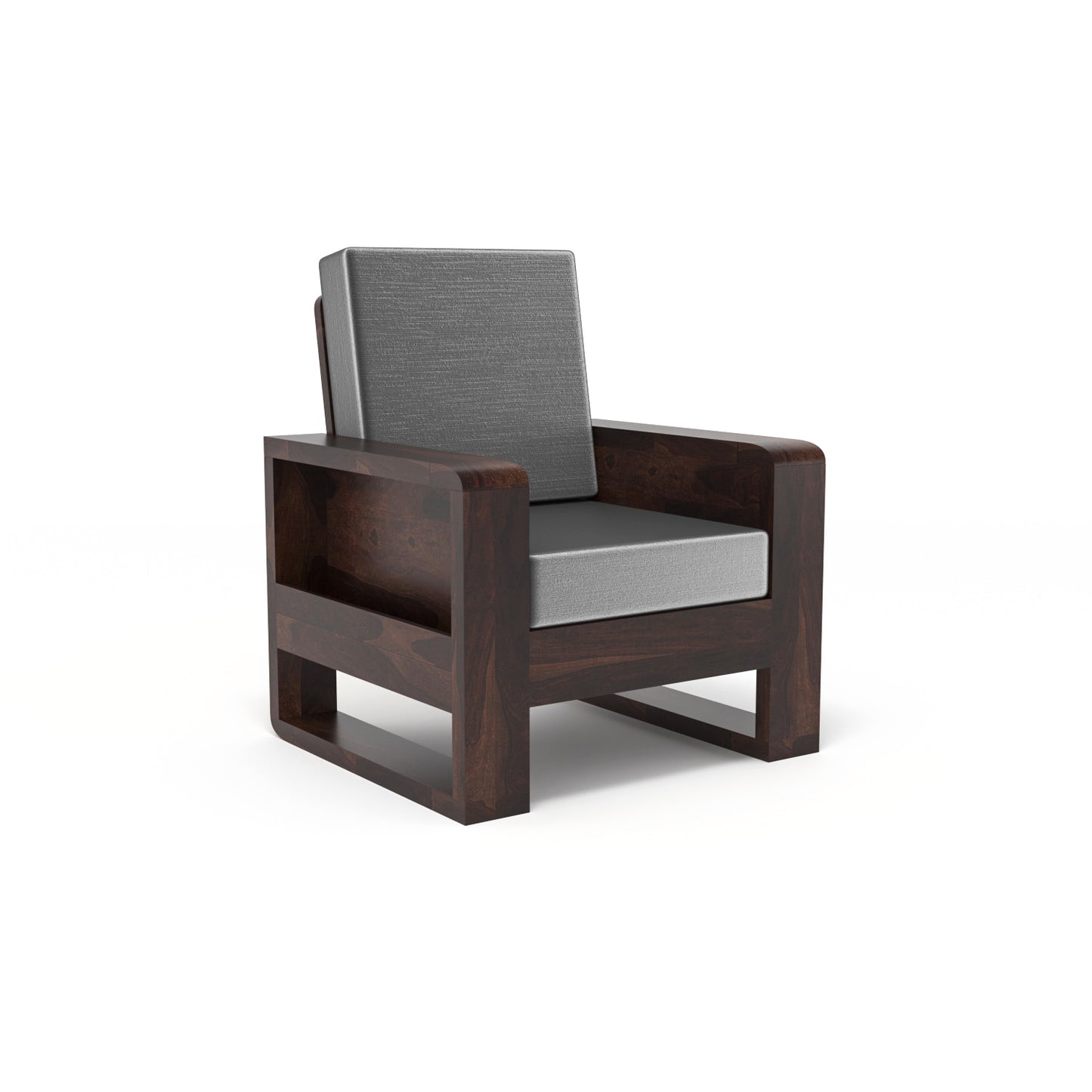 Solid Wood Single Seater Sofa | Natural & Walnut Finish Wooden Chair with Cushioned Comfort