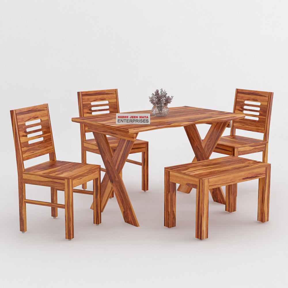 Modern Solid Wood 4 Seater Dining Table Set with 3 Chairs & 1 Bench
