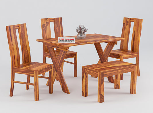 Modern Solid Wood 4 Seater Dining Set with Chairs & Bench