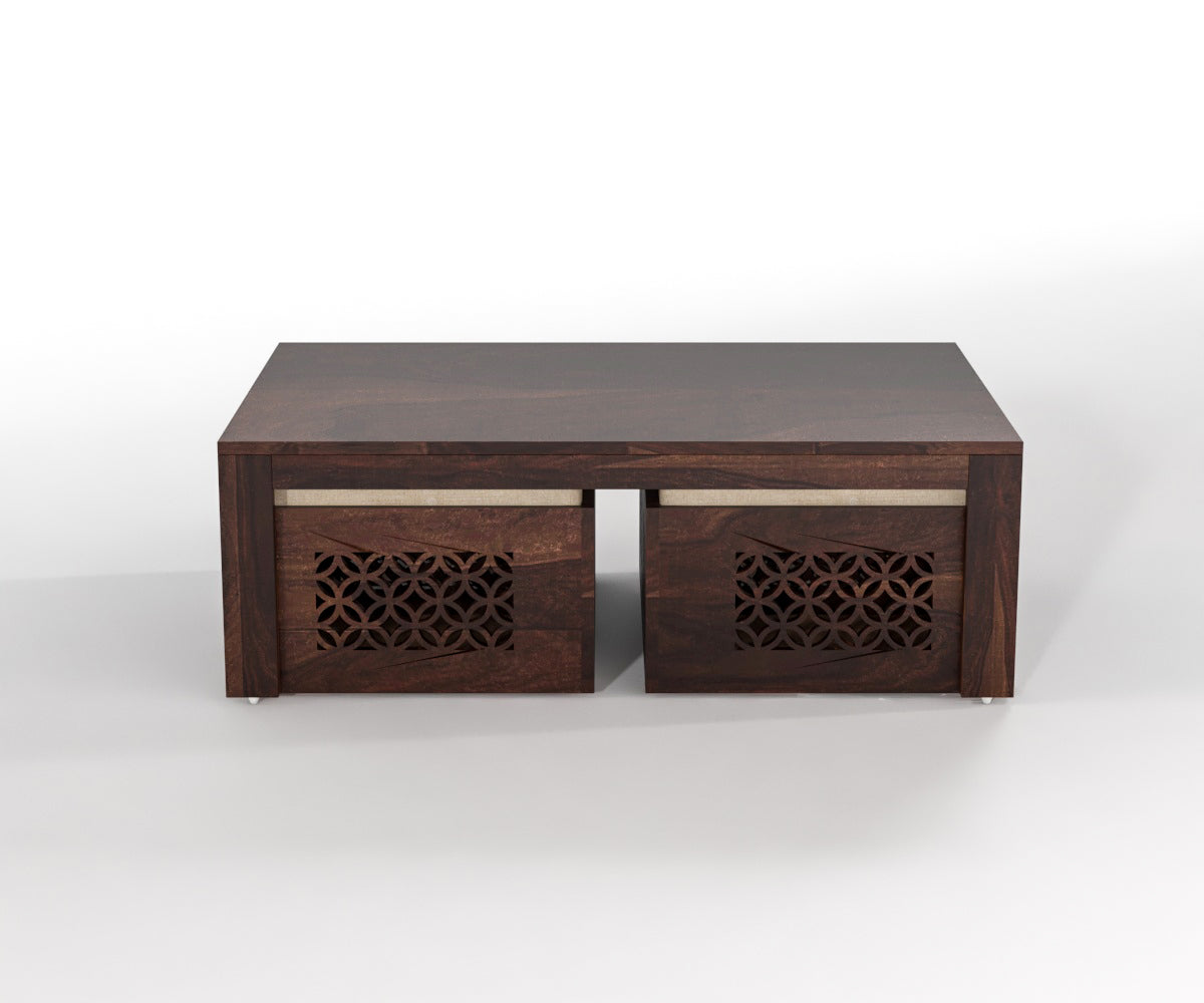 Solid Wood Coffee Table with 4 Stools