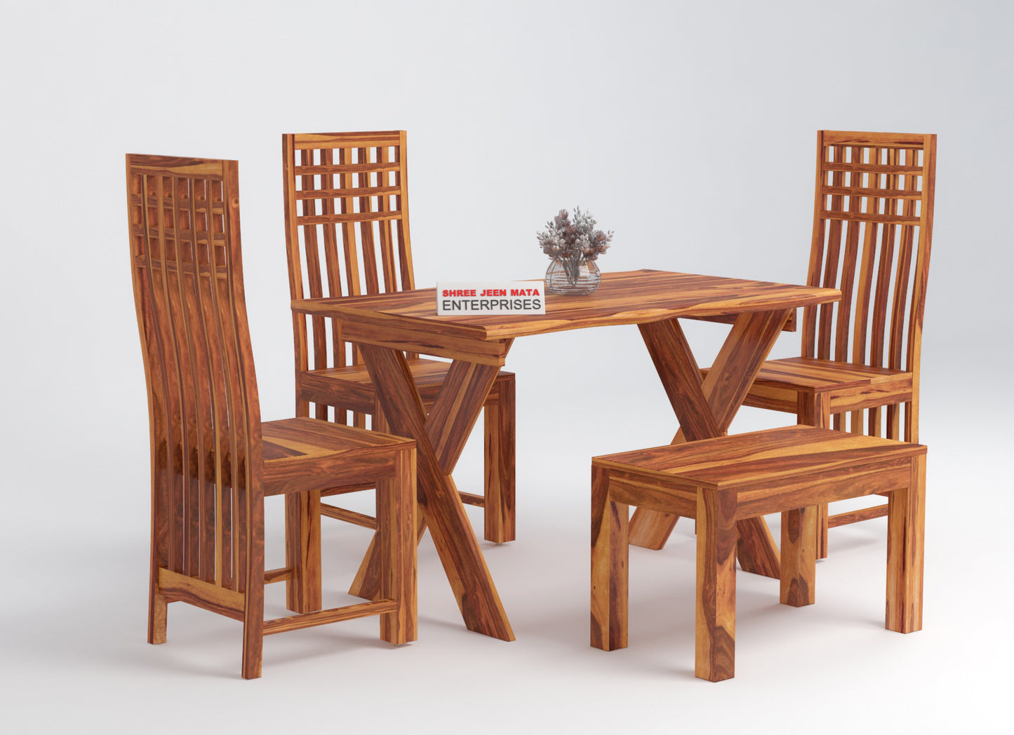Solid Wood 4 Seater Dining Table Set with 3 Chairs & 1 Bench