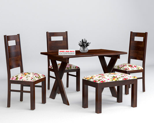 Solid Wood 4 Seater Dining Table Set with 3 Chairs & 1 Upholstered Bench