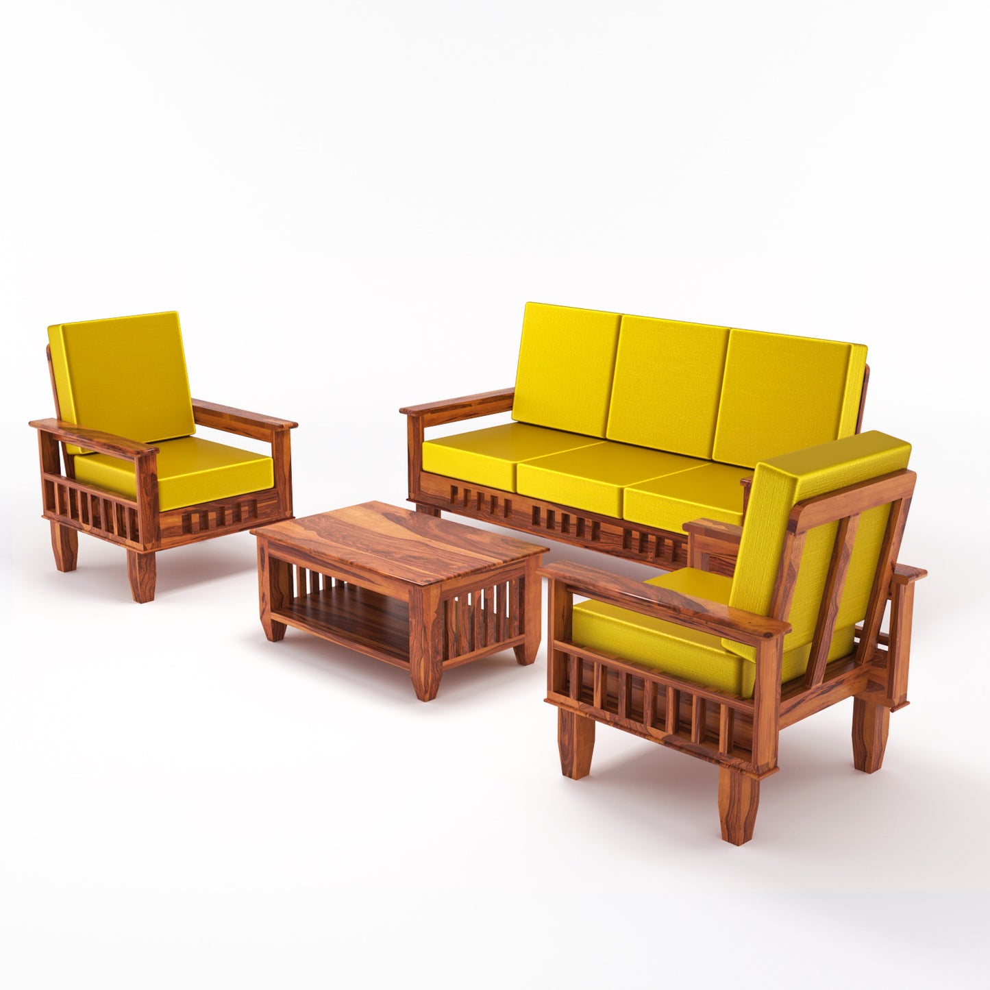 Solid Wood 5 Seater Sofa Set (3 Seater + 2 Single Seaters) | Natural & Walnut Finish with Cushioned Comfort