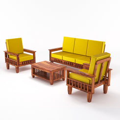 Solid Wood 5 Seater Sofa Set (3 Seater + 2 Single Seaters) | Natural & Walnut Finish with Cushioned Comfort