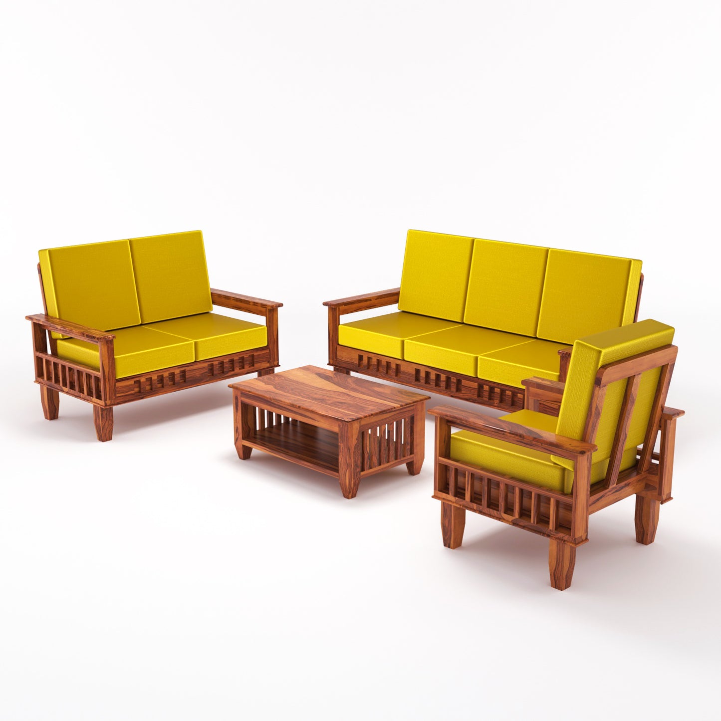 Premium Solid Wood 6 Seater Sofa Set (3+2+1) with Cushioned Seating | Natural & Walnut Finish