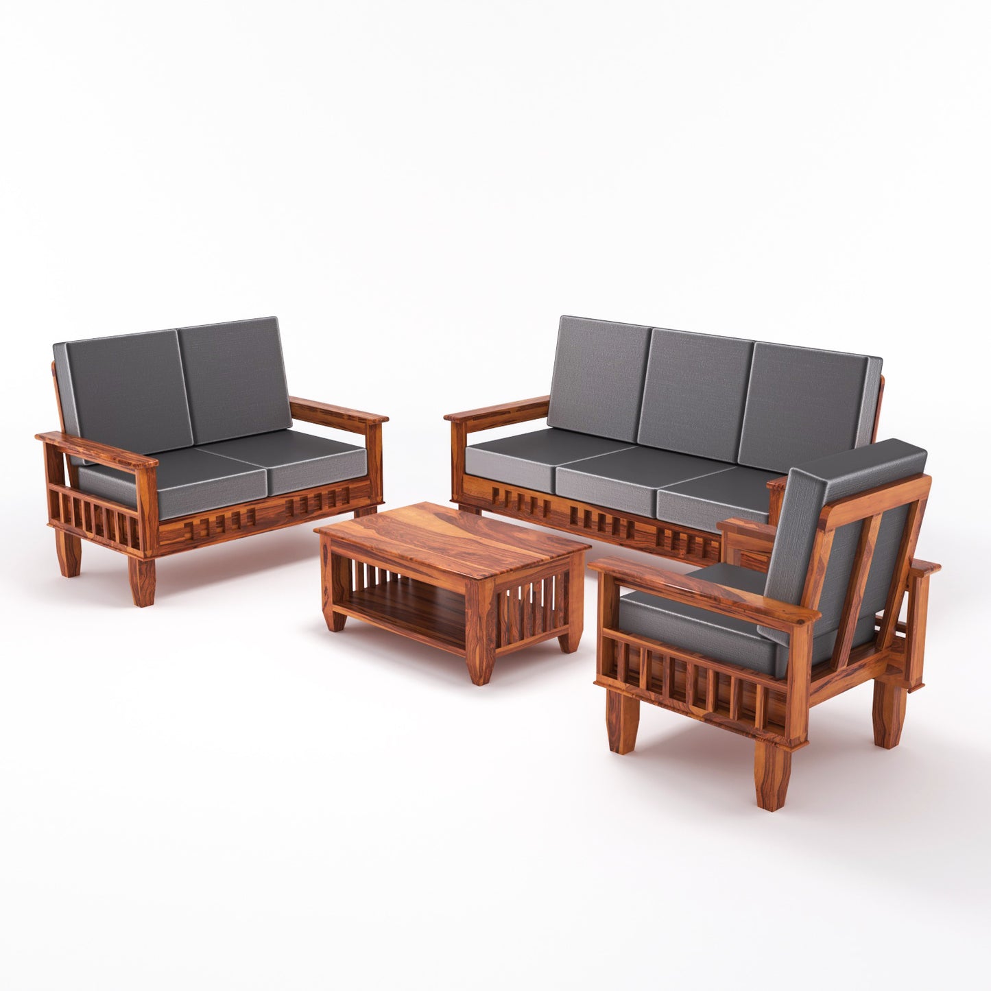 Premium Solid Wood 6 Seater Sofa Set (3+2+1) with Cushioned Seating | Natural & Walnut Finish