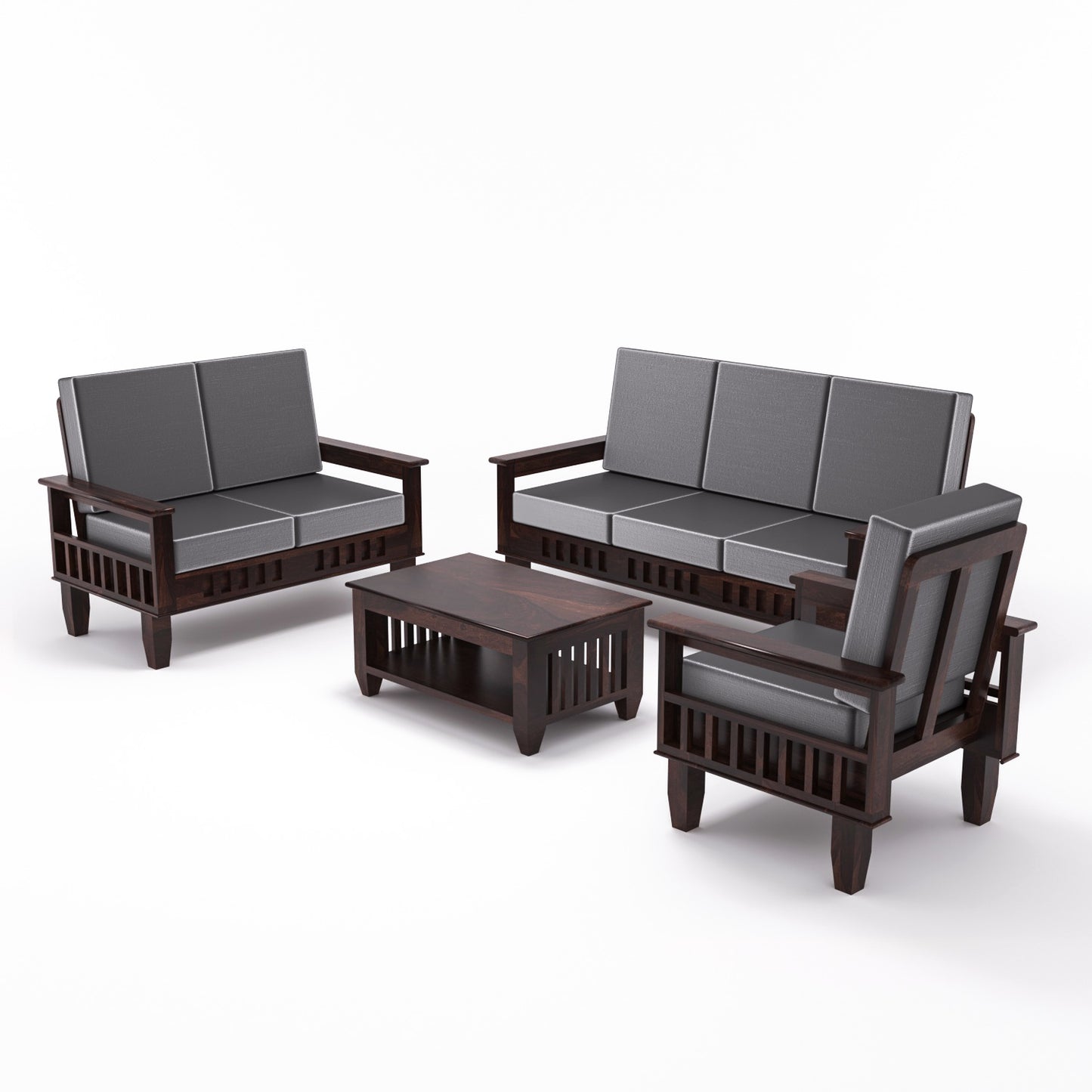 Premium Solid Wood 6 Seater Sofa Set (3+2+1) with Cushioned Seating | Natural & Walnut Finish