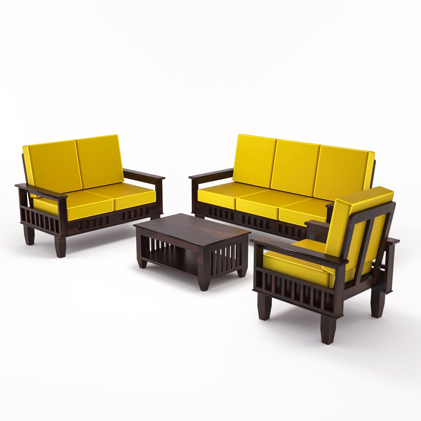 Premium Solid Wood 6 Seater Sofa Set (3+2+1) with Cushioned Seating | Natural & Walnut Finish