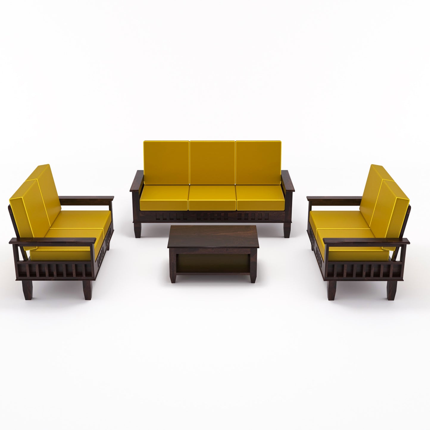 Solid Wood 7 Seater Sofa Set (3+2+2) with Cushioned Seating | Natural & Walnut Finish Wooden Sofa